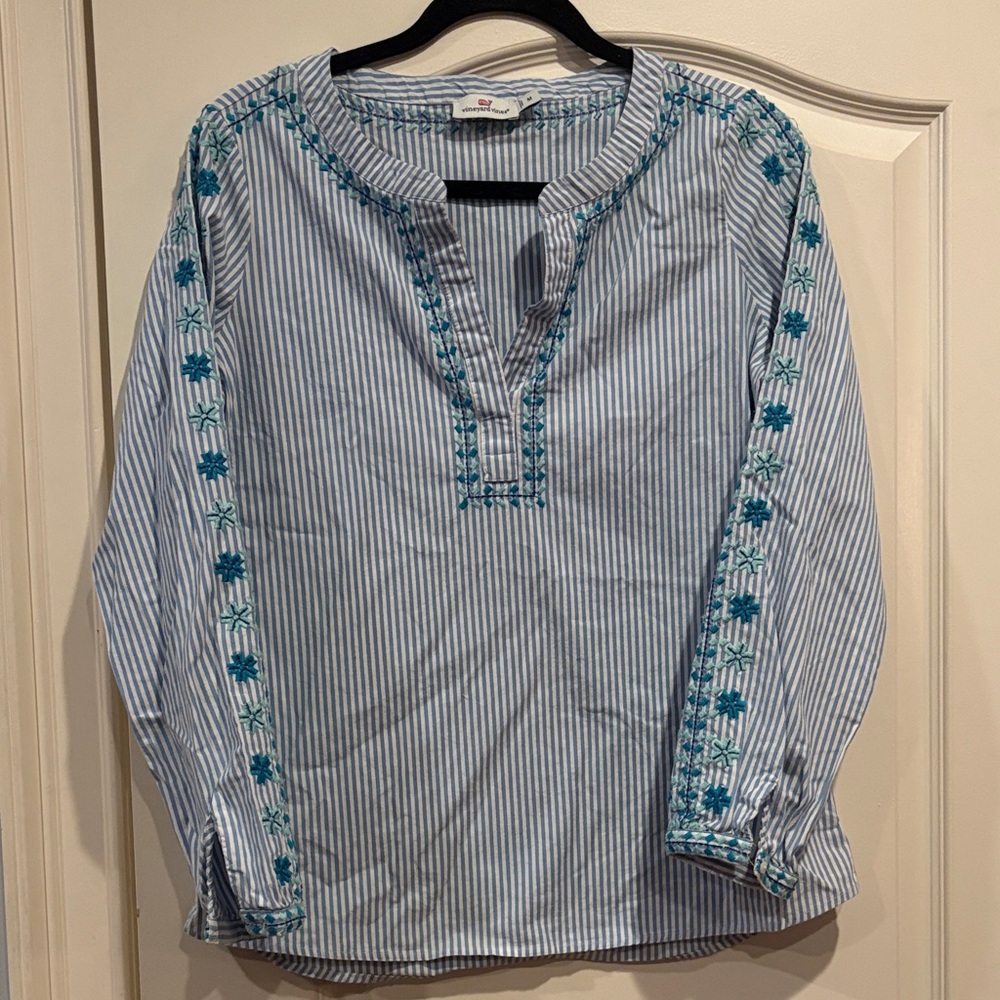 Blue and White Striped Embroidered Blouse